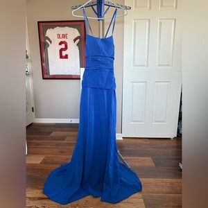 Muted blue full length prom dress bridesmaid dress